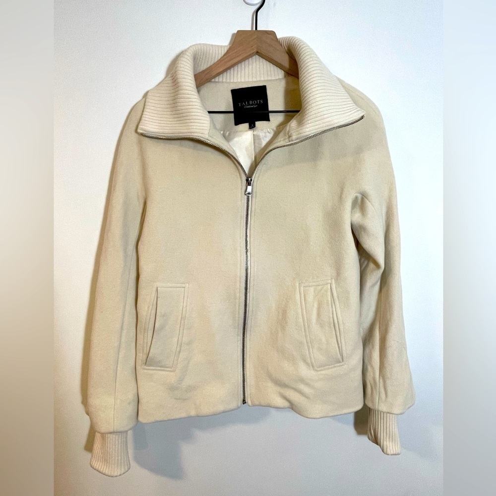 Talbots Wool Blend Ivory Jacket Full Zip Ribbed Collar Cuff Coat Women’s Size 6